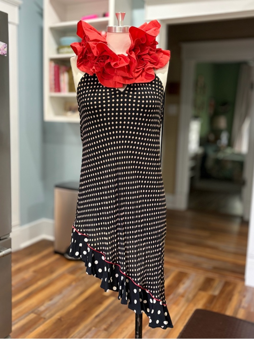 Vintage 90s Cottonade Ruffle Neck Polka Dot Asymmetrical Dress